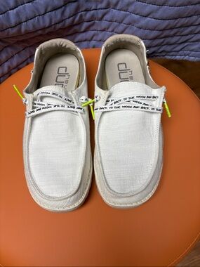 Hey Dude Off-White Linen Slip-On Loafers with Neon Lace Tips